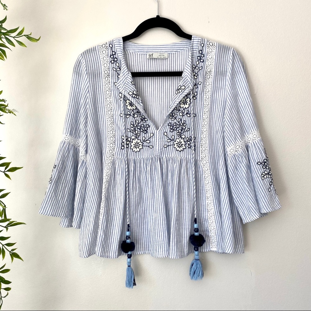 Zara embroidered floral boho chic blouse top Large